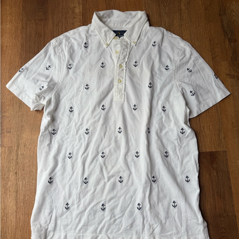 Ralph Lauren White Anchor Print Polo Shirt Large